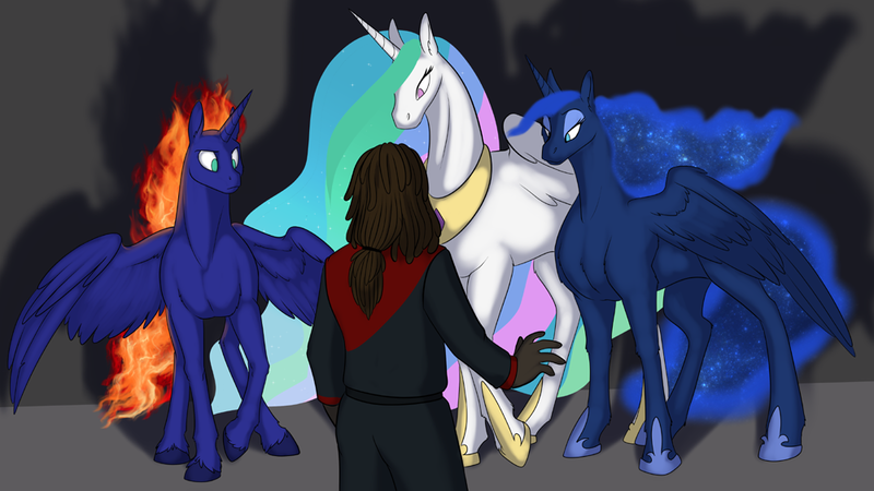 Size: 1000x563 | Tagged: safe, artist:foxenawolf, derpibooru import, princess celestia, princess luna, oc, oc:destined path, alicorn, human, pony, fanfic:cosmic lotus, g4, alicorn oc, blue fur, clothes, ethereal mane, fanfic art, female, horn, image, male, mane of fire, png, starry mane, white fur, wings