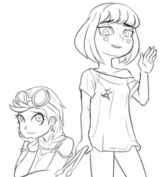 Size: 1700x1800 | Tagged: artist needed, safe, derpibooru import, indigo zap, supernova zap, equestria girls, g4, black and white, clothes, female, grayscale, image, jpeg, monochrome, shirt, siblings, sisters, t-shirt, zap family