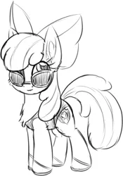 Size: 564x804 | Tagged: safe, artist:litrojia, derpibooru import, apple bloom, earth pony, pony, g4, chest fluff, clothes, female, filly, glasses, grayscale, image, looking at you, monochrome, one-piece swimsuit, png, sandals, simple background, sketch, smiling, smiling at you, solo, sunglasses, swimsuit, white background