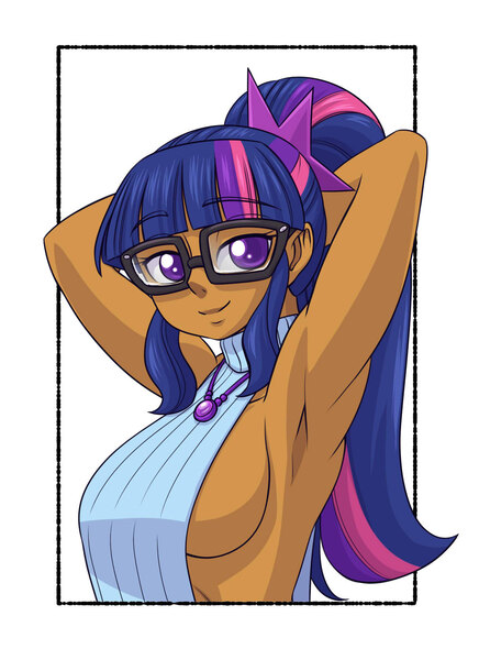 Size: 1168x1608 | Tagged: suggestive, artist:brother-tico, derpibooru import, sci-twi, twilight sparkle, equestria girls, g4, arm behind head, armpits, breasts, geode of telekinesis, human coloration, image, jpeg, magical geodes, meme, sideboob, solo