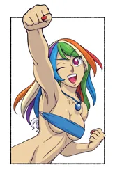 Size: 1065x1611 | Tagged: suggestive, artist:brother-tico, derpibooru import, rainbow dash, equestria girls, g4, belly button, breasts, busty rainbow dash, female, geode of super speed, human coloration, image, jewelry, jpeg, magical geodes, meme, nails, necklace, open mouth, solo, solo female