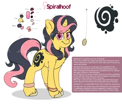 Size: 4055x3500 | Tagged: safe, artist:fluffyxai, derpibooru import, oc, oc:spiralhoof, unofficial characters only, pony, unicorn, curved horn, cutie mark, horn, hypnosis, hypnotist, image, png, pocket watch, reference sheet, simple background, smiling, smirk, text, transparent background