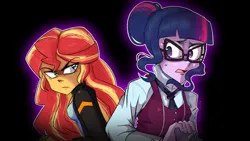 Size: 1920x1080 | Tagged: safe, artist:beefgummies, artist:fatjelyfish, derpibooru import, sci-twi, sunset shimmer, twilight sparkle, equestria girls, g4, aggie.io, clothes, collaboration, crystal prep academy uniform, duo, female, glasses, hair bun, image, jacket, jpeg, looking back, my little pony equestria girls: friendship games, redraw, scene interpretation, school uniform, suspicious, sweat