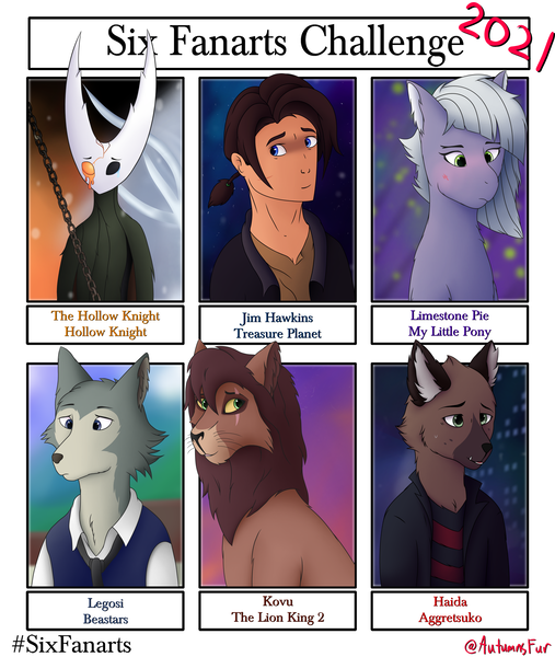 Size: 2305x2727 | Tagged: safe, artist:autumnsfur, derpibooru import, limestone pie, anthro, big cat, earth pony, human, lion, pony, wolf, six fanarts, g4, aggretsuko, anthro with ponies, beastars, bust, clothes, crossover, disney, female, haida, high res, hollow knight, image, jim hawkins, kovu, legosi (beastars), male, mare, png, the lion king, treasure planet