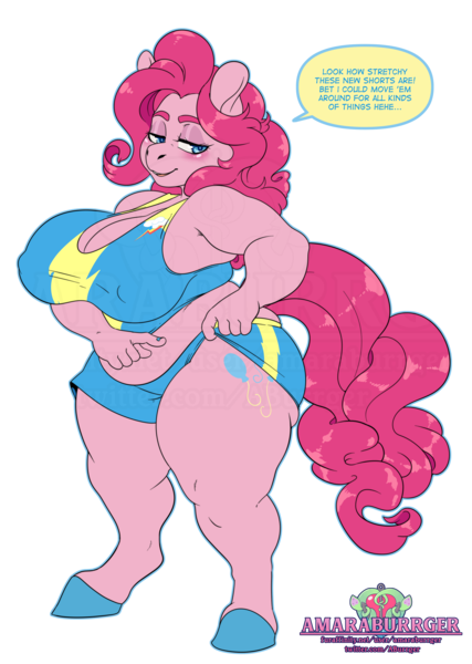 Size: 3200x4500 | Tagged: suggestive, artist:amaraburrger, derpibooru import, pinkie pie, anthro, earth pony, pony, unguligrade anthro, g4, big breasts, blushing, breasts, busty pinkie pie, chubby, cleavage, clothes, dialogue, erect nipples, female, gym shorts, huge breasts, image, looking at you, mare, nipple outline, png, shortstack, simple background, solo, solo female, speech bubble, sports bra, thick, transparent background