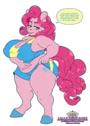 Size: 3200x4500 | Tagged: suggestive, artist:amaraburrger, derpibooru import, pinkie pie, anthro, earth pony, pony, unguligrade anthro, g4, big breasts, blushing, breasts, busty pinkie pie, chubby, cleavage, clothes, dialogue, erect nipples, female, gym shorts, huge breasts, image, looking at you, mare, nipple outline, png, shortstack, simple background, solo, solo female, speech bubble, sports bra, thick, transparent background