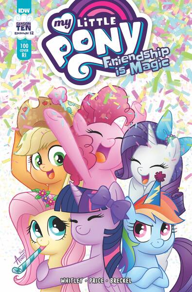 Size: 2063x3131 | Tagged: safe, artist:agnesgarbowska, derpibooru import, idw, applejack, fluttershy, pinkie pie, rainbow dash, rarity, twilight sparkle, twilight sparkle (alicorn), alicorn, earth pony, pegasus, pony, unicorn, g4, spoiler:comic, spoiler:comic100, bow, confetti, cute, daaaaaaaaaaaw, dashabetes, diapinkes, female, hat, high res, hug, image, jackabetes, jpeg, party hat, party horn, pony history, raribetes, shyabetes, twiabetes