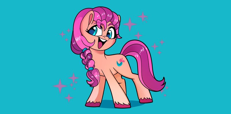 Size: 4096x2030 | Tagged: safe, artist:techycutie, derpibooru import, sunny starscout, earth pony, pony, g5, blue background, braid, cute, female, image, jpeg, looking at you, mare, open mouth, simple background, solo, sparkles, sunnybetes, unshorn fetlocks