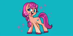 Size: 4096x2030 | Tagged: safe, artist:techycutie, derpibooru import, sunny starscout, earth pony, pony, g5, blue background, braid, cute, female, image, jpeg, looking at you, mare, open mouth, simple background, solo, sparkles, sunnybetes, unshorn fetlocks