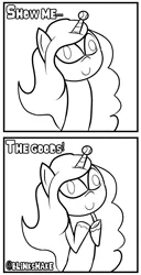 Size: 1816x3554 | Tagged: safe, artist:blinkshake, derpibooru import, izzy moonbow, pony, unicorn, g5, ball, black and white, comic, dead eyes, grayscale, humor, image, izzy's tennis ball, meme, monochrome, png, show me the goods, tennis ball