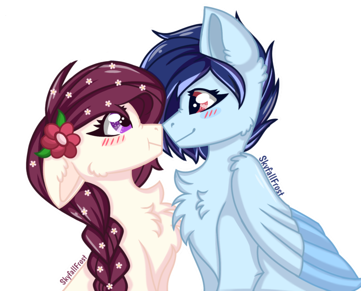 Size: 1800x1448 | Tagged: safe, artist:skyfallfrost, derpibooru import, oc, oc:sky chaser (skyfallfrost), oc:snowfire, unofficial characters only, earth pony, pegasus, pony, boop, chest fluff, female, floppy ears, image, mare, noseboop, png, simple background, transparent background