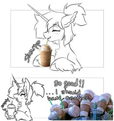 Size: 3830x4073 | Tagged: safe, artist:opalacorn, derpibooru import, oc, oc:bubblegum, unofficial characters only, pony, unicorn, bust, coffee cup, cup, dialogue, drink, drinking, female, frappuccino, grayscale, horn, image, jpeg, mare, monochrome, partial color, simple background, solo, stuffing, white background