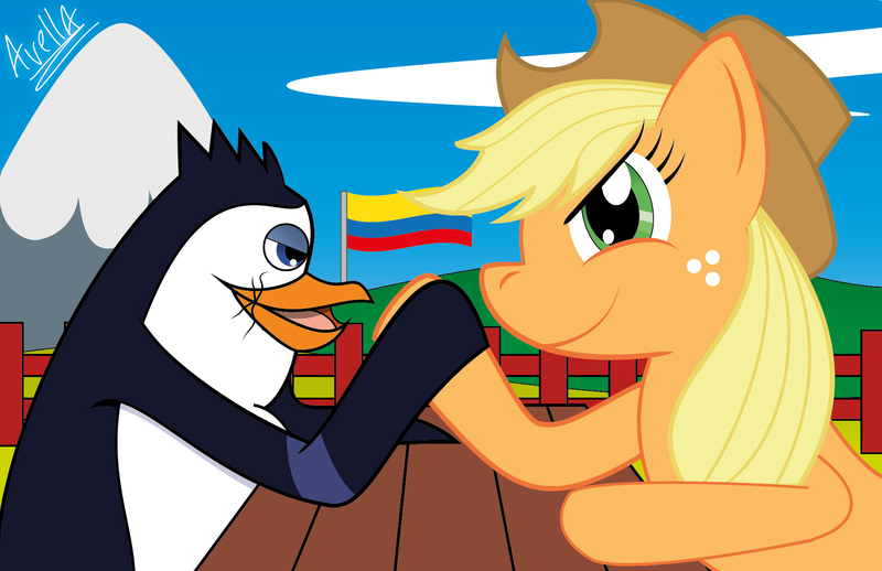 Size: 1756x1136 | Tagged: safe, artist:avellante, derpibooru import, applejack, bird, earth pony, penguin, pony, g4, arm wrestling, cloud, dreamworks, fence, image, jpeg, madagascar (dreamworks), mountain, rico, the penguins of madagascar