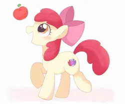 Size: 2048x1707 | Tagged: dead source, safe, artist:ginmaruxx, derpibooru import, apple bloom, earth pony, pony, g4, apple, blushing, female, filly, food, image, jpeg, open mouth, open smile, raised hoof, smiling, solo