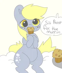 Size: 2019x2379 | Tagged: safe, artist:mushy, derpibooru import, derpy hooves, pegasus, pony, g4, cute, derpabetes, dialogue, food, high res, image, mouth hold, muffin, png, simple background, solo, white background