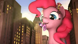 Size: 1024x576 | Tagged: safe, artist:vincher, derpibooru import, fluttershy, pinkie pie, twilight sparkle, earth pony, pegasus, pony, unicorn, g4, 3d, city, deviantart watermark, female, giant pony, giantess, helping, image, jpeg, macro, mare, obtrusive watermark, source filmmaker, unicorn twilight, watermark