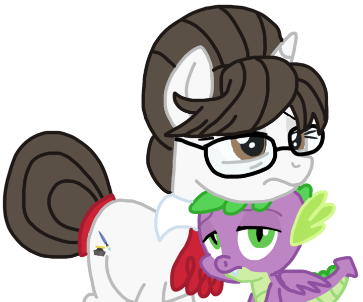 Size: 1280x1067 | Tagged: safe, artist:徐詩珮, derpibooru import, raven, spike, dragon, pony, unicorn, g4, annoyed, bored, commission, commissioner:pony4koma, cute, daaaaaaaaaaaw, duo, female, glasses, hair bun, hnnng, image, interspecies, male, mare, necktie, older, older spike, png, raven is not amused, ravenbetes, secretary, ship:ravenspike, shipping, simple background, sleepy, spikabetes, spike is not amused, spikelove, straight, tired, transparent background, unamused, winged spike, wings