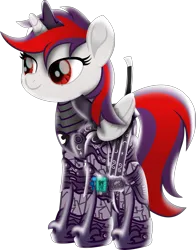 Size: 2410x3076 | Tagged: safe, artist:php178, derpibooru import, princess luna, oc, oc:blackjack, unofficial characters only, alicorn, cyborg, pony, unicorn, fallout equestria, fallout equestria: project horizons, g4, my little pony: the movie, .svg available, amputee, armor, colored pupils, cyber eyes, cyber legs, cybernetic legs, cyberpunk, delta pipbuck, derpibooru exclusive, fanfic art, feathered wings, female, folded wings, happy, headcanon in the description, high res, highlights, image, implied princess luna, level 5 (iconium) (project horizons), looking at something, mare, moonlight eclipse (project horizons), movie accurate, nudity, png, rapier, sheath, simple background, smiling, solo, standing, sword, transparent background, vector, weapon, wings