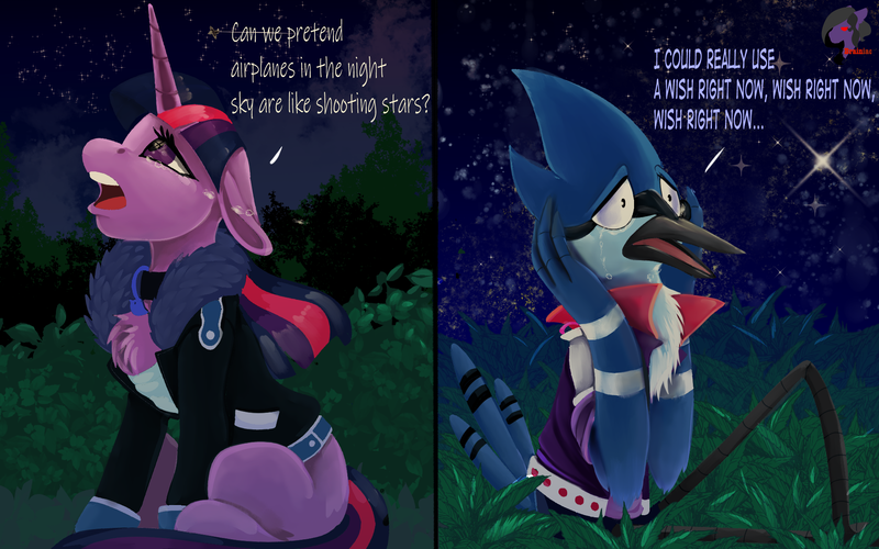 Size: 1920x1200 | Tagged: safe, artist:brainiac, derpibooru import, twilight sparkle, g4, aeroplanes and meteor showers, airplanes (song), crack shipping, crossover, crossover shipping, female, image, link in description, male, meme, mordecai, mordetwi, png, redraw mordetwi meme, regular show, shipping, straight, text, time-lapse included