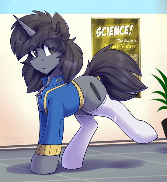 Size: 1600x1750 | Tagged: safe, artist:shadowreindeer, derpibooru import, oc, oc:kate, unofficial characters only, pony, unicorn, fallout equestria, clothes, eye clipping through hair, fallout, female, image, jpeg, jumpsuit, mare, raised leg, socks, solo, stockings, thigh highs, vault suit