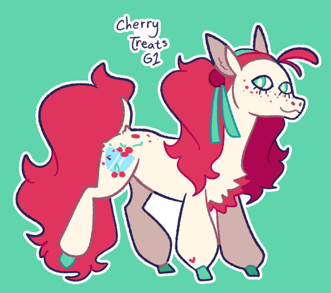 Size: 1024x906 | Tagged: safe, artist:goatpaste, derpibooru import, cherry treats, earth pony, pony, g1, female, freckles, green background, image, jpeg, mare, simple background, solo