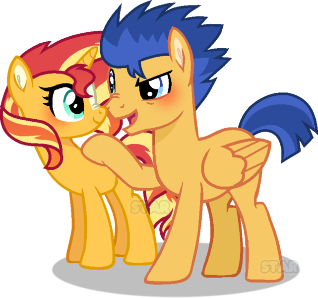 Size: 860x805 | Tagged: safe, artist:star-gaze-pony, derpibooru import, flash sentry, sunset shimmer, pegasus, pony, unicorn, g4, blushing, dreamworks face, female, flashimmer, image, looking at each other, male, mare, open mouth, open smile, png, scrunchy face, shipping, simple background, smiling, smiling at each other, stallion, straight, transparent background