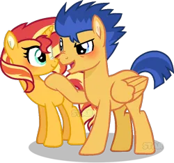 Size: 860x805 | Tagged: safe, artist:star-gaze-pony, derpibooru import, flash sentry, sunset shimmer, pegasus, pony, unicorn, g4, blushing, dreamworks face, female, flashimmer, image, looking at each other, male, mare, open mouth, open smile, png, scrunchy face, shipping, simple background, smiling, smiling at each other, stallion, straight, transparent background