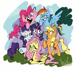 Size: 1688x1564 | Tagged: safe, artist:depressesdaniel, derpibooru import, applejack, fluttershy, pinkie pie, rainbow dash, rarity, twilight sparkle, earth pony, pegasus, pony, unicorn, g4, cute, eyes closed, female, image, jpeg, lying down, mane six, mane six opening poses, mare, open mouth, ponyloaf, prone, scene interpretation, smiling, unicorn twilight