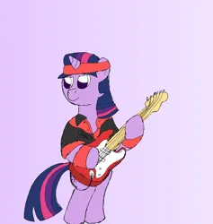 Size: 1955x2065 | Tagged: safe, artist:sparkfler85, derpibooru import, twilight sparkle, pony, unicorn, g4, bipedal, bracelet, clothes, dire straits, electric guitar, female, fender stratocaster, guitar, headband, image, jewelry, musical instrument, parody, png, rock (music), simple background, solo, standing, unicorn twilight