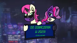 Size: 1280x720 | Tagged: safe, artist:polonius, derpibooru import, oc, oc:flash hope, oc:gallant fop, unofficial characters only, pegasus, pony, unicorn, 2023, convention, coronavirus, female, image, kucykon, png, postponed