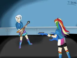 Size: 1280x960 | Tagged: safe, artist:t-bon3thepony, derpibooru import, rainbow dash, trixie, equestria girls, g4, guitar centered, duo, female, guitar, image, jpeg, musical instrument, my little pony equestria girls: rainbow rocks, room