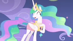 Size: 960x539 | Tagged: safe, derpibooru import, edit, edited screencap, editor:thedarkpony, screencap, princess celestia, alicorn, pony, g4, horse play, clothes, compression shorts, fart, fart edit, fart noise, female, image, mare, onomatopoeia, png, shorts, solar wind, sound effects