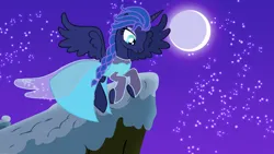 Size: 1920x1080 | Tagged: safe, artist:sirius-writer, derpibooru import, princess luna, alicorn, pony, g4, alternate hairstyle, blue dress, clothes, crossover, dress, elsa, female, flying, frozen (movie), image, mare, moon, mountain, png, queen lunelsa, solo, winter