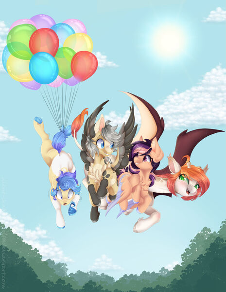 Size: 1920x2480 | Tagged: safe, artist:pvrii, derpibooru import, oc, unofficial characters only, earth pony, pegasus, pony, balloon, bat wings, giraffe pony, image, jpeg, wings