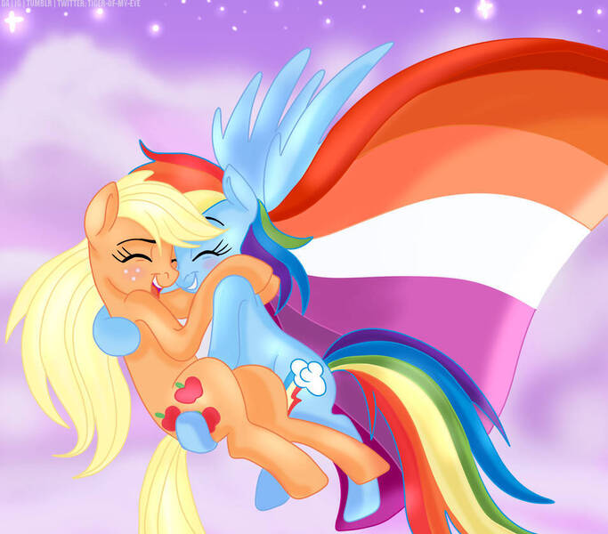 Size: 954x838 | Tagged: safe, artist:tiger-of-my-eye, derpibooru import, applejack, rainbow dash, earth pony, pegasus, pony, g4, appledash, blushing, female, image, jpeg, lesbian, lesbian pride flag, pride, pride flag, pride month, shipping, transbian pride flag