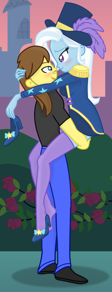 Size: 735x1920 | Tagged: safe, artist:grapefruit-face, derpibooru import, trixie, oc, oc:grapefruit face, equestria girls, g4, street magic with trixie, spoiler:eqg series (season 2), blushing, canon x oc, clothes, duo, female, garden, grapexie, holding head, image, imminent kissing, lifting, looking at each other, male, my little pony equestria girls: better together, one shoe off, outdoors, png, shipping, show accurate, socks, stocking feet, stockings, straight, thigh highs