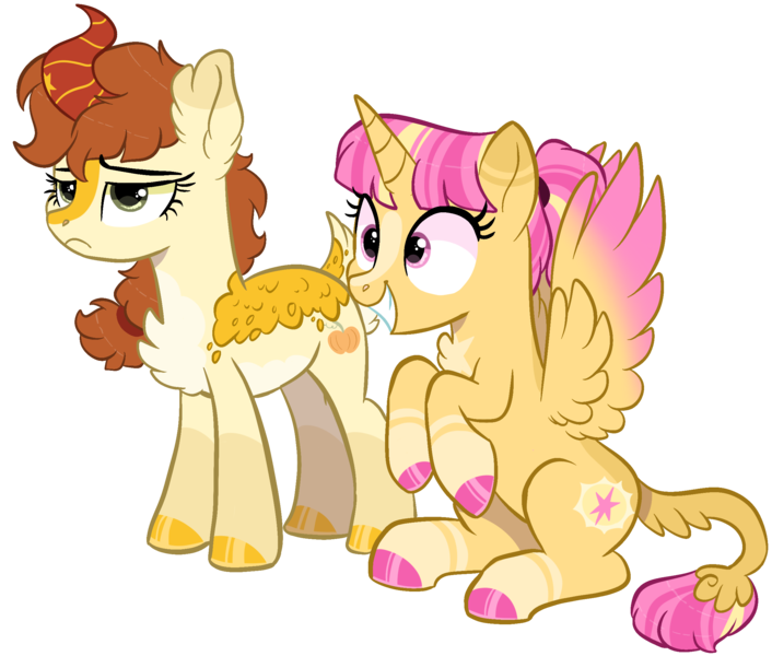 Size: 2348x1995 | Tagged: safe, artist:moccabliss, derpibooru import, oc, oc:pumpkin patch, oc:summer sunrise, unofficial characters only, alicorn, hybrid, kirin, pony, base used, duo, female, image, interspecies offspring, magical lesbian spawn, mare, offspring, parent:applejack, parent:autumn blaze, parent:sunburst, parent:twilight sparkle, parents:autumnjack, parents:twiburst, png, simple background, transparent background