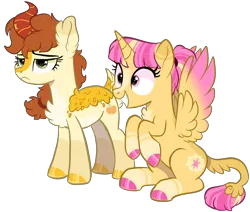 Size: 2348x1995 | Tagged: safe, artist:moccabliss, derpibooru import, oc, oc:pumpkin patch, oc:summer sunrise, unofficial characters only, alicorn, hybrid, kirin, pony, base used, duo, female, image, interspecies offspring, magical lesbian spawn, mare, offspring, parent:applejack, parent:autumn blaze, parent:sunburst, parent:twilight sparkle, parents:autumnjack, parents:twiburst, png, simple background, transparent background