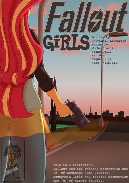 Size: 900x1274 | Tagged: safe, artist:wolfjarl, derpibooru import, sunset shimmer, human, fanfic, fanfic:fallout girls, equestria girls, g4, 10mm pistol, ass, bunset shimmer, butt, cover art, fallout, fallout 3, fallout girls, fanfic art, fanfic cover, gun, handgun, horizon, humanized, image, jpeg, pistol, weapon