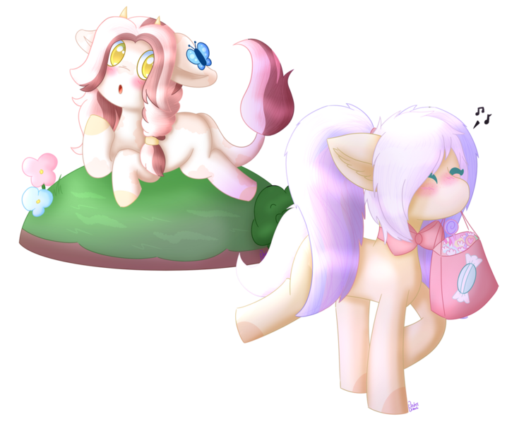 Size: 1280x1070 | Tagged: safe, artist:pasteldraws, derpibooru import, oc, butterfly, cow, cow pony, earth pony, insect, pony, accessory, blushing, candy, food, image, lying down, pigtails, png, simple background, transparent background