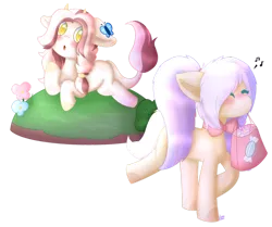 Size: 1280x1070 | Tagged: safe, artist:pasteldraws, derpibooru import, oc, butterfly, cow, cow pony, earth pony, insect, pony, accessory, blushing, candy, food, image, lying down, pigtails, png, simple background, transparent background