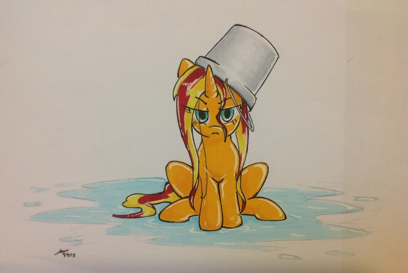 Size: 2592x1734 | Tagged: safe, artist:maikeruto, derpibooru import, sunset shimmer, pony, unicorn, g4, bucket, female, fiery shimmer, frown, headbucket, high res, image, jpeg, mare, newbie artist training grounds, not fiery shimmer, solo, subverted meme, sunset shimmer is not amused, traditional art, unamused, upset, water, wet, wet mane