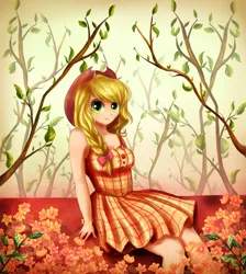 Size: 1280x1429 | Tagged: safe, artist:cosmicponye, derpibooru import, applejack, human, g4, applejack's hat, bare shoulders, braid, clothes, cowboy hat, cute, dress, female, flower, hat, humanized, image, jackabetes, jpeg, sleeveless, solo, tree, tree branch