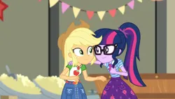 Size: 3410x1920 | Tagged: safe, derpibooru import, screencap, applejack, sci-twi, twilight sparkle, equestria girls, g4, applejack's hat, belt, bowtie, clothes, cowboy hat, cutie mark, cutie mark on clothes, denim skirt, equestria girls specials, female, geode of super strength, geode of telekinesis, glasses, hat, image, jewelry, jpeg, magical geodes, my little pony equestria girls: better together, my little pony equestria girls: holidays unwrapped, necklace, ponytail, skirt, smiling, the cider louse fools