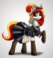 Size: 1980x2160 | Tagged: safe, artist:shamziwhite, derpibooru import, oc, oc:searing flare, unofficial characters only, alicorn, pony, clothes, commission, costume, duster, female, image, latex, maid, mouth hold, png, raised hoof, simple background, socks, solo, stockings, suit, thigh highs, white background