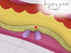 Size: 2000x1500 | Tagged: suggestive, artist:mightyshockwave, derpibooru import, twilight sparkle, oc, oc:acorn, lamia, original species, g4, carpet, crush fetish, fetish, floating heart, heart, hooves, image, pinning, png, squishing, throne room