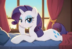 Size: 1216x832 | Tagged: safe, ai content, derpibooru import, machine learning generated, prompter:harvydraws, stable diffusion, rarity, pony, unicorn, g4, anatomically correct, backlighting, bed, bedroom, bedroom eyes, curtains, dusk, evening, female, generator:pony diffusion v6 xl, horn, image, jpeg, lidded eyes, looking at you, lying down, mare, nudity, on bed, prone, sexy, show accurate, smiling, smiling at you, solo, solo female, stupid sexy rarity, sunset, vulva, window