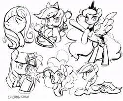 Size: 1024x840 | Tagged: safe, artist:cherrnichka, derpibooru import, applejack, fluttershy, pinkie pie, princess luna, rainbow dash, twilight sparkle, butterfly, insect, pony, g4, apple, balloon, book, cute, female, food, image, jpeg, lasso, lying down, magic, mare, monochrome, prone, reading, rearing, rope, telekinesis