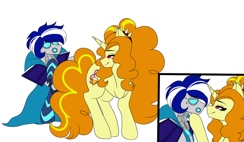 Size: 2048x1195 | Tagged: safe, artist:mikkybun, derpibooru import, adagio dazzle, oc, oc:ivislor, oc:ivislor odzi, ponified, cyborg, cyborg pony, pony, unicorn, g4, canon x oc, cape, clothes, commission, commissioner:iv's, female, image, male, png, shipping, simple background, straight, superhero, white background