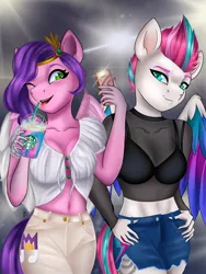 Size: 1536x2048 | Tagged: safe, artist:idrawmylittlep1, derpibooru import, pipp petals, zipp storm, anthro, pegasus, g5, belly button, bra, clothes, coffee, cutie mark, cutie mark on clothes, female, food, image, jeans, jpeg, latte, midriff, mobile phone, one eye closed, open mouth, pants, phone, royal sisters (g5), selfie, shorts, siblings, sisters, smartphone, sports bra, starbucks, underwear, unicorn frappuccino, wink